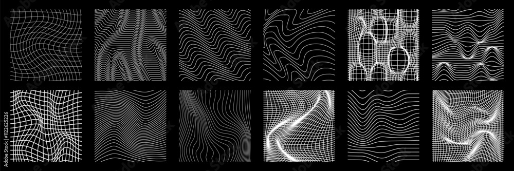 Poster set of geometry wireframe backgrounds with distortion effect. white grid checkered posters in trendy