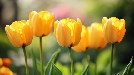 Fototapeta premium A vibrant display of yellow tulips blooming in a garden, showcasing nature's beauty.