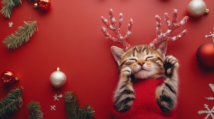 Obraz premium Beautiful cat wearing reindeer antlers. Funny Christmas concept
