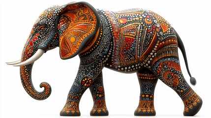 Ornate painted elephant walking, isolated on white.