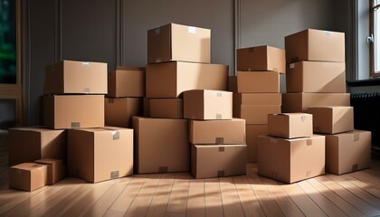 部屋の中央に積み上げられた段ボール箱が乱雑に並べられており、一部は重ねられ、いくつかは傾いている。箱に見える折り目やテープの跡が、忙しい雰囲気を演出