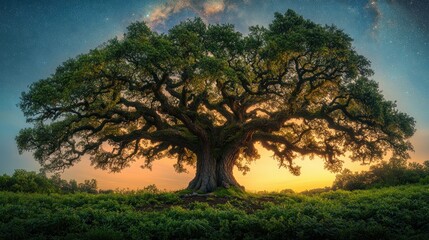 Fototapeta premium Here's a possible and keyword list for your stock photo.. Majestic oak tree at sunset, stars visible in twilight sky.