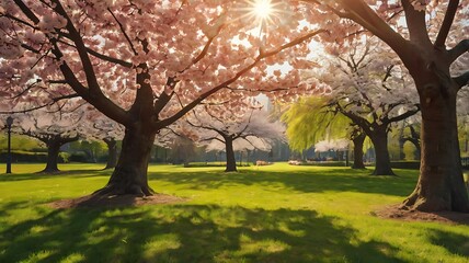 Obraz premium Sunlit Park with Blossoming Cherry Trees in Spring