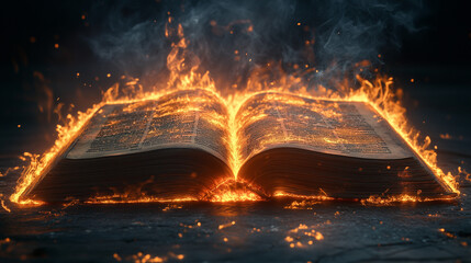 Obraz premium Burning mystical book with glowing flames in the dark