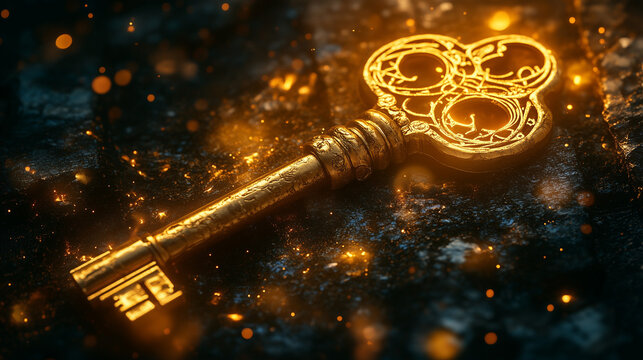 Golden antique key with glowing aura on a dark surface
