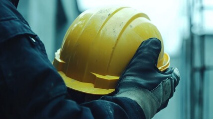 Wide banner shows a yellow helmet of a worker at the construction site wearing safety gloves. Construction manager and occupational safety. Construction manager holds safety helmet with space for text