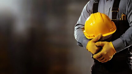 Wide banner shows a yellow helmet of a worker at the construction site wearing safety gloves. Construction manager and occupational safety. Construction manager holds safety helmet with space for text