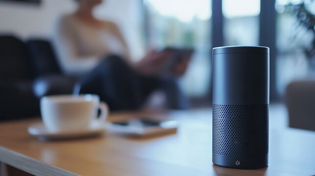 Smart Speaker Sits On Table Near Blurred Person