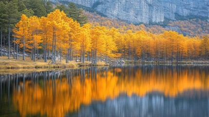 Obraz premium Serene autumn landscape with vibrant orange trees reflecting in a calm lake.