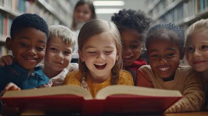 A diverse group of children excitedly reading a book together in a library. Celebrating literacy and learning, children from different backgrounds share the joy of reading
