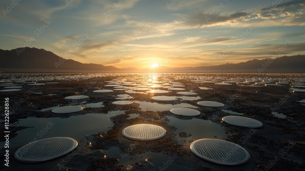 Poster a serene sunset over a tranquil lake, with floating circular objects reflecting the golden light, su