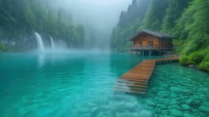 Serene lakeside cabin surrounded by misty mountains and waterfalls.