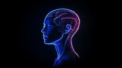 Obraz premium Digital neon human head. Thinking, psychology concepts.