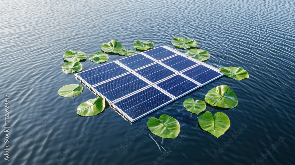 Aufkleber a floating solar panel array surrounded by lily pads on calm water, showcasing renewable energy in h