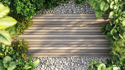 A tranquil urban Modern minimalistic garden featuring lush plants and a wooden deck , mockup 3d...