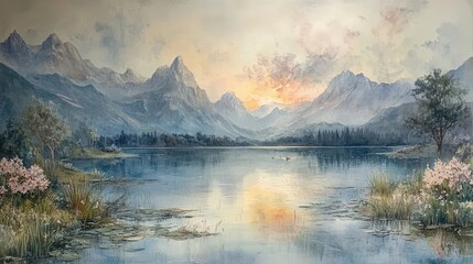 Fototapeta premium Serene landscape featuring mountains, a calm lake, and a colorful sunset.
