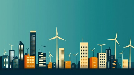 Fototapeta premium A vibrant city skyline featuring modern buildings and wind turbines, symbolizing sustainability and renewable energy.