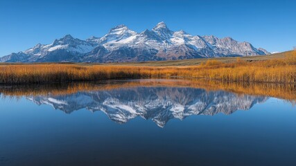 Serene mountain landscape reflecting in calm water, surrounded by golden grasses.