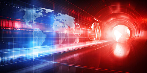 Obraz premium This global technology background includes a world map, red and blue digital data streams, and a futuristic tunnel. Ideal for content related to news, technology, and data themes