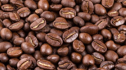 Close-up of roasted coffee beans, showcasing their rich brown color and glossy surface, inviting coffee enthusiasts to enjoy a flavorful brew.