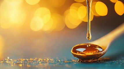 Obraz premium A close-up of honey dripping from a spoon, glistening against a soft, warm background of golden bokeh lights.