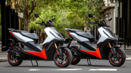 Innovative Electric Scooters Parked on Urban Street Modern Transportation Solution