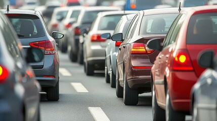 A traffic jam with multiple cars lined up on a busy road.