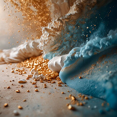 The background has soft, neutral tones with white and beige tones. Blue and gold tones