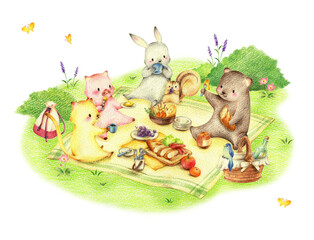 緑の野原でピクニックでお弁当を食べる動物たち　手描き色鉛筆画