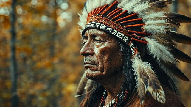 An elderly Native American chief in the autumn forest wearing elegance feather headdress Warbonnet