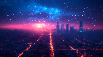 Obraz premium Vibrant Night Cityscape with Stars and Cosmic Glow