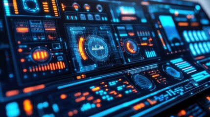 Obraz premium Futuristic control panel with glowing interfaces and data displays.