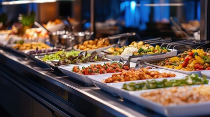 Obraz premium Colorful Buffet Spread with Fresh Vegetables and Various Dishes