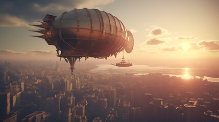 Obraz premium Steampunk Airship Soaring Over Sunset Cityscape