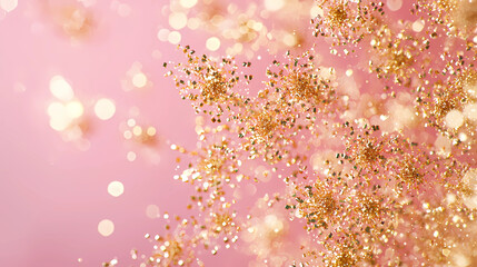 A soft pink background and featuring golden particles