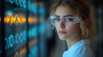 Fototapeta premium Young Female Scientist Analyzing Data in High-Tech Laboratory Setting