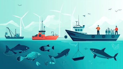 Fototapeta premium A vibrant illustration depicting fishing boats, marine life, and wind turbines, showcasing the intersection of sea life and sustainable energy.