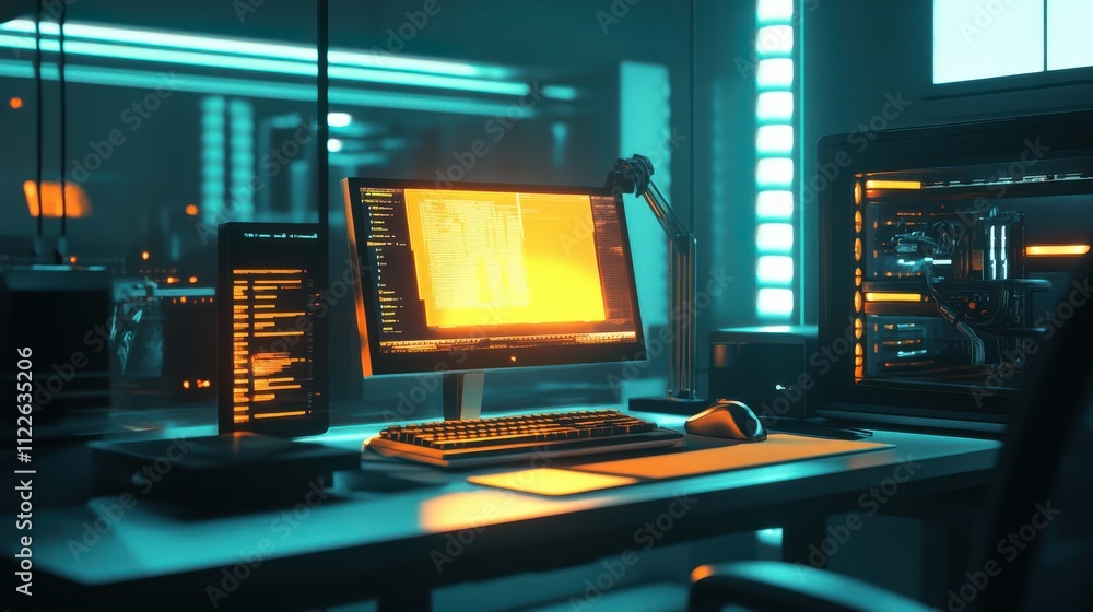 Aufkleber futuristic computer desk with code on monitors in neon lighting