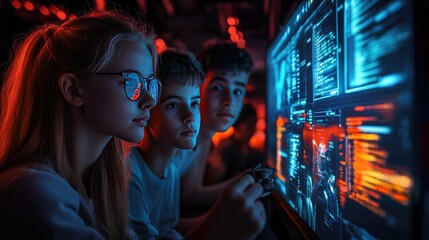 Obraz premium Teen Programmers Analyzing Cybersecurity Data on Futuristic Screen with Neon Lighting