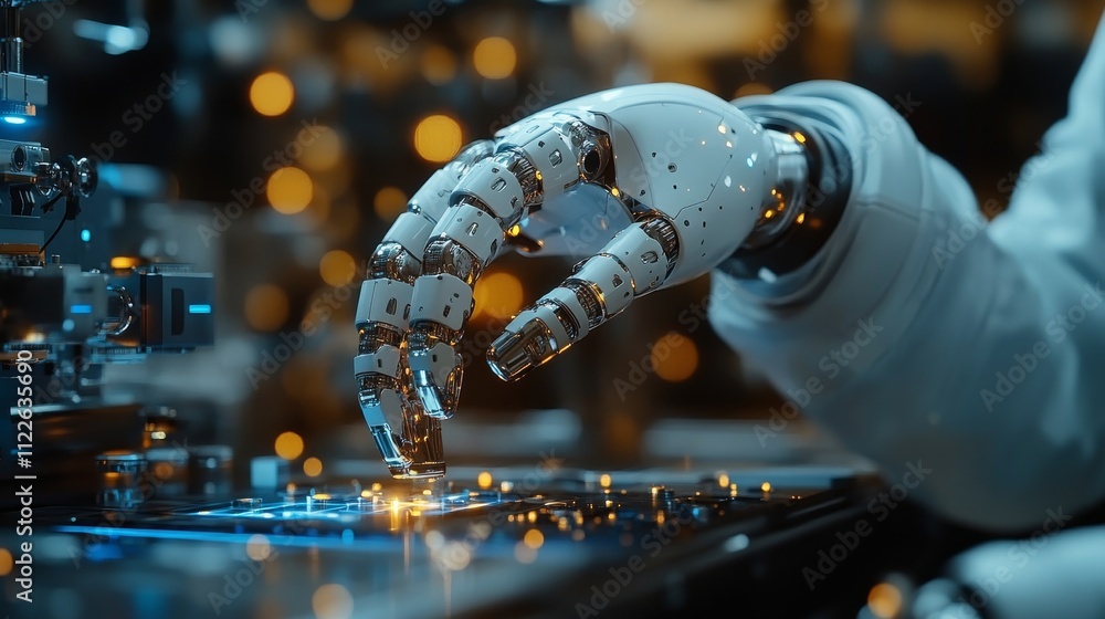 Poster advanced robotic hand interacting with modern technology interface