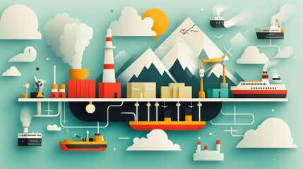 Naklejka premium A colorful, stylized illustration depicting industrial elements, including ships, factories, mountains, and clouds, representing trade and transportation.