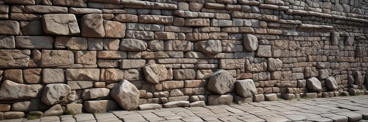 Fototapeta premium Ancient stone wall with intricate carvings on the granite bricks , faded, architecture
