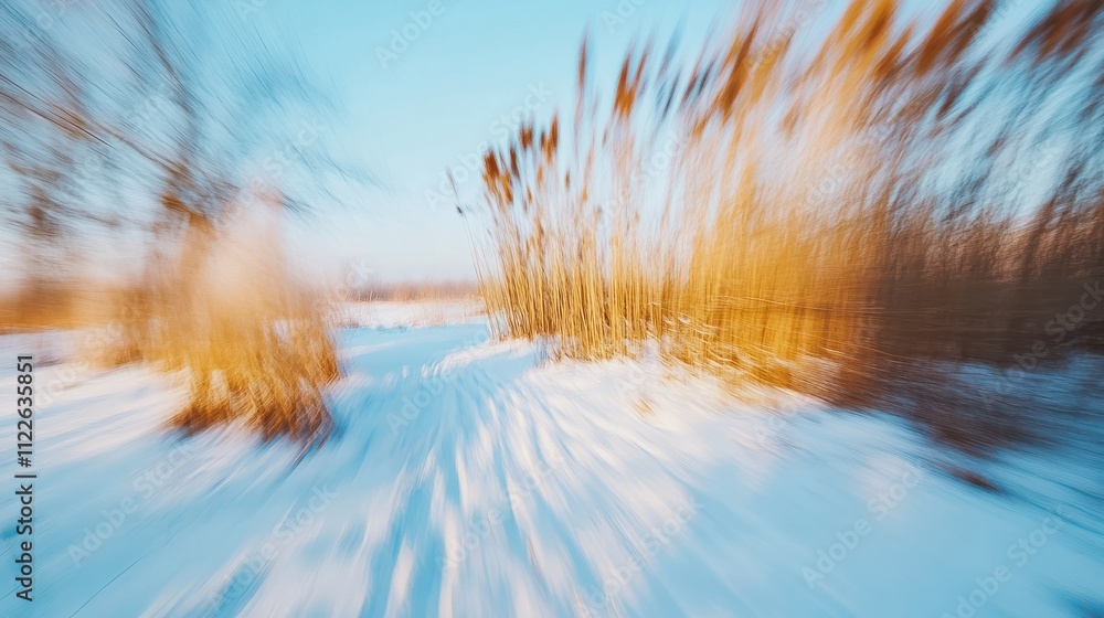 Poster intentional camera movement (icm) image of seashore with reeds and ground covered with snow in winte