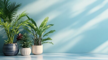 Fototapeta premium Lush indoor plants in decorative pots create a vibrant contrast against the light blue wall in this cozy interior space