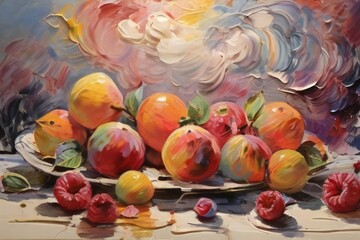 Colorful Fruit and Vegetable Illustration with Watercolor Splashes, abstract background.