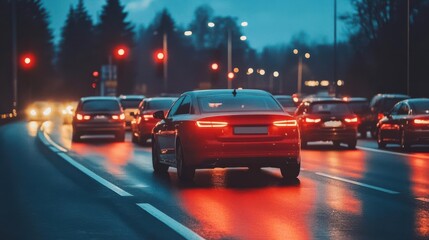 Fototapeta premium Evening traffic scene with cars illuminated by red lights on a wet road.
