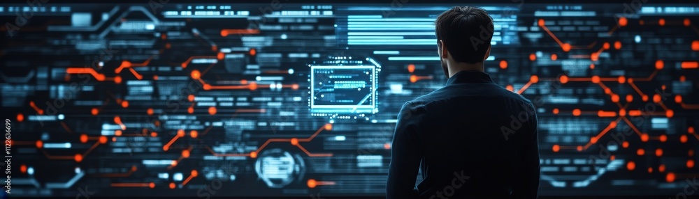 Poster Young professional analyzing digital interface with graphs and codes in data center, showcasing modern technology, innovation, and future possibilities in a corporate environment