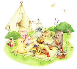 緑の野原のテントの前でピクニックでお弁当を食べる動物たち　手描き色鉛筆画