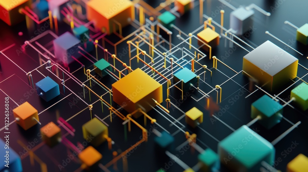 Aufkleber Abstract 3D Render of Colorful Cubes and Lines on Dark Background, Representing Digital Connections and Technology Innovations in a Futuristic Style