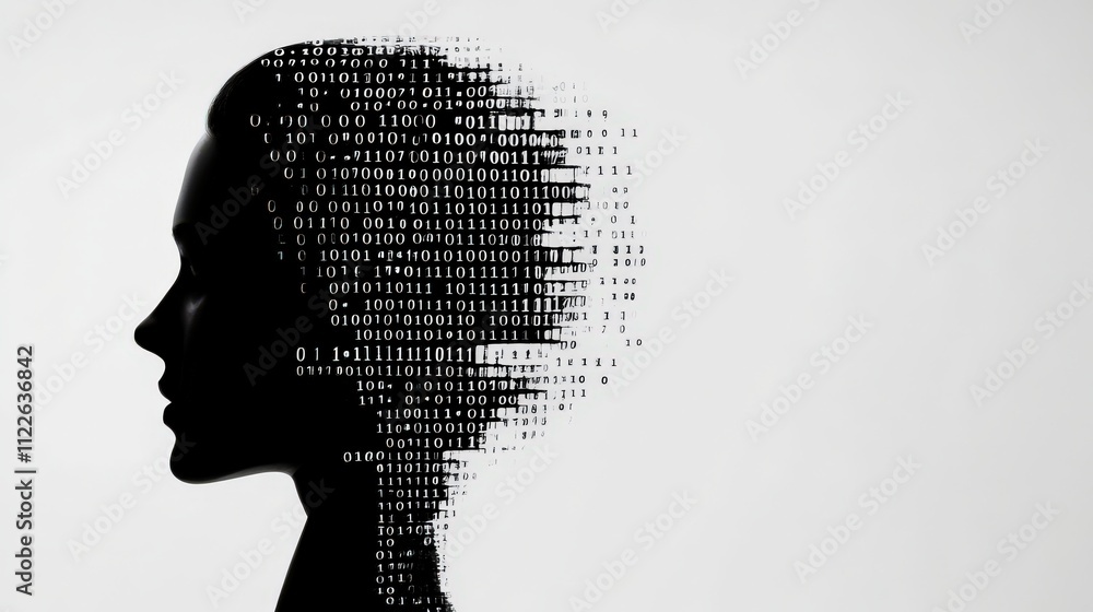 Poster Silhouette of a Woman with Binary Code Representing Digital Transformation and Technology Integration in Modern Society